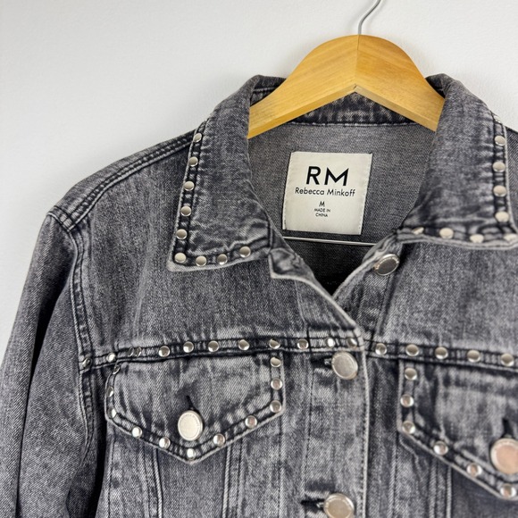 Rebecca Minkoff Studded Denim Jacket Grey Washed Cropped Trucker Style Women's M - Picture 11 of 11
